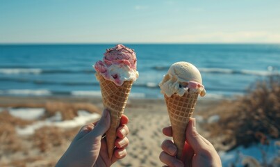 Summer Bliss by the Sea - Two Ice Cream Cones Against Ocean Background on a Sunny Day