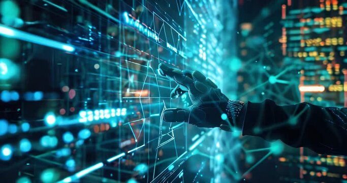 Hand with virtual reality glove touches 3D data structure, manipulating complex information in virtual space. Data mining visualization