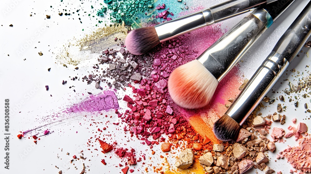Aufkleber a close-up image of makeup brushes covered in eyeshadow and blush, on a white background. generative