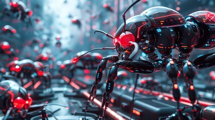 Fototapeta premium Panoramic view of futuristic ant robots in a sprawling technological hive, glowing neon circuits, intricate mechanical details, photorealistic CGI, high contrast lighting