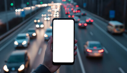 Hand presenting smartphone with white screen in traffic