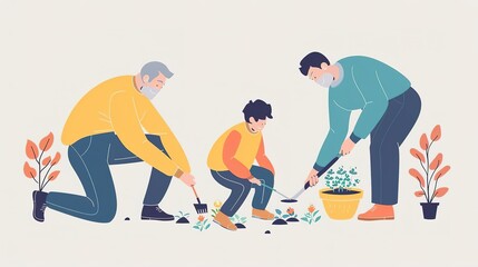 Three generations of family planting together, bonding over gardening. Happy Father's Day celebration Concept.