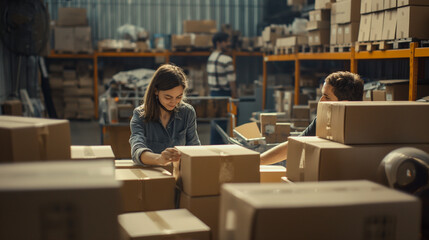 Two women sorting boxes in warehouse