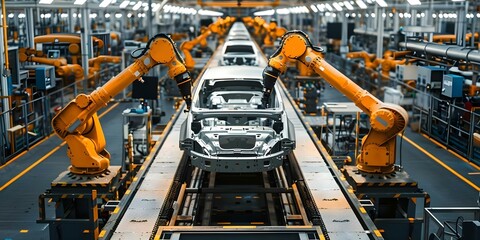 Automating Car Production in Factories with Robots and Assembly Lines. Concept Automation, Car Production, Factories, Robots, Assembly Lines