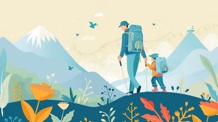 Fototapeta premium Father and son hiking in the mountains with backpacks, enjoying the scenery. Happy Father's Day celebration Concept.