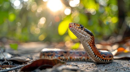 Fototapeta premium A snake is laying on the ground with its head up