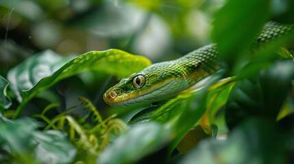 Obraz premium A green snake is peeking out from behind some leaves