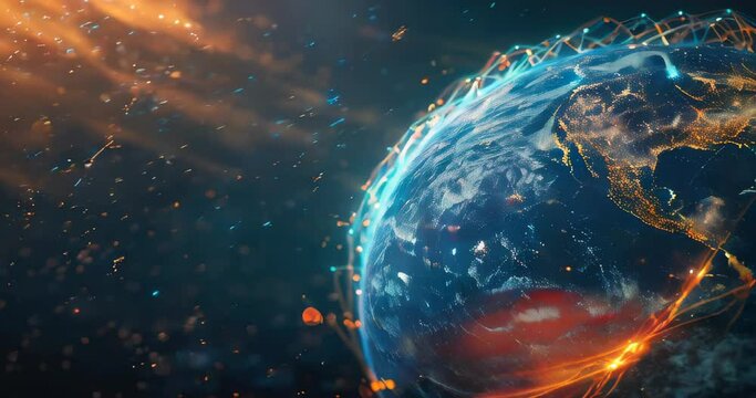 An Earth wrapped in glowing lines, symbolizing smart grids for optimized energy use and reduced carbon emissions. Carbon footprint reduction technology