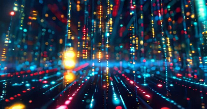 Neon lights and binary code network depicting the movement of big data. Big data visualization