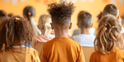 Obraz premium Preschoolers in a Group Setting Viewed from Behind. Concept Preschoolers, Group Setting, View from Behind, Early Childhood Education