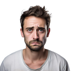 Fototapeta premium Man with a sad expression in white t-shirt against a on transparent background