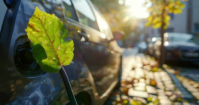 Green leaf-shaped plug symbolizing eco-friendly electric cars and the push for sustainable transportation Carbon footprint reduction