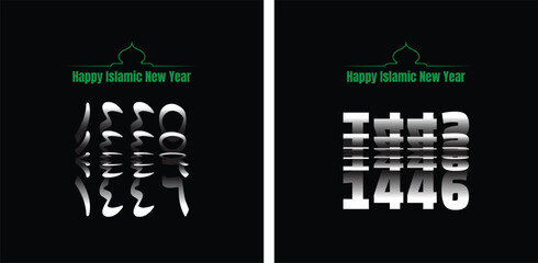 Happy Islamic New Hijri Year 1446 with Arabic number, green mosque silhouette isolated on black background. Passing from 1445 into New Year 1446 Hijriyah Flip Text Effect.