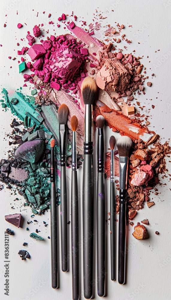 Poster a collection of makeup brushes with vibrant eyeshadows and blush scattered on a white surface. gener