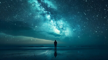 Starry night sky over sea and beach with man silhouette. man standing on sea beach under starry sky
