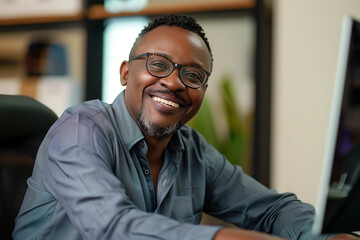 Fototapeta premium Smiling African American Man with Glasses in Office Setting