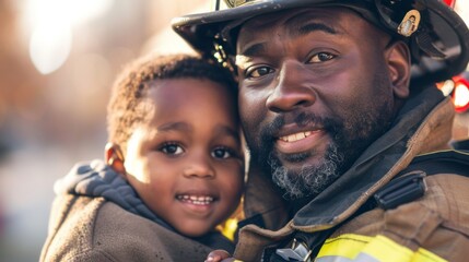 Portrait of african american man firefighter holding little boy on hand