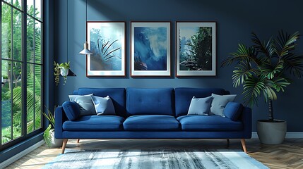 A stylish living room with white and light blue walls, showcasing a navy blue sofa and a white rug.