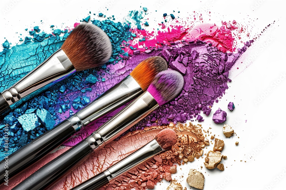 Poster a close-up shot of makeup brushes with colorful eyeshadow and blush on a white background. generativ
