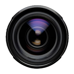 Close-up of a black camera lens with colorful reflections on a on transparent background