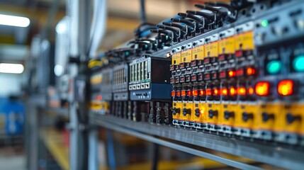 A man in an orange safety vest stands in front of a row of electrical panels
