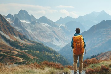 Fototapeta premium Hiker overlooking autumn mountain range