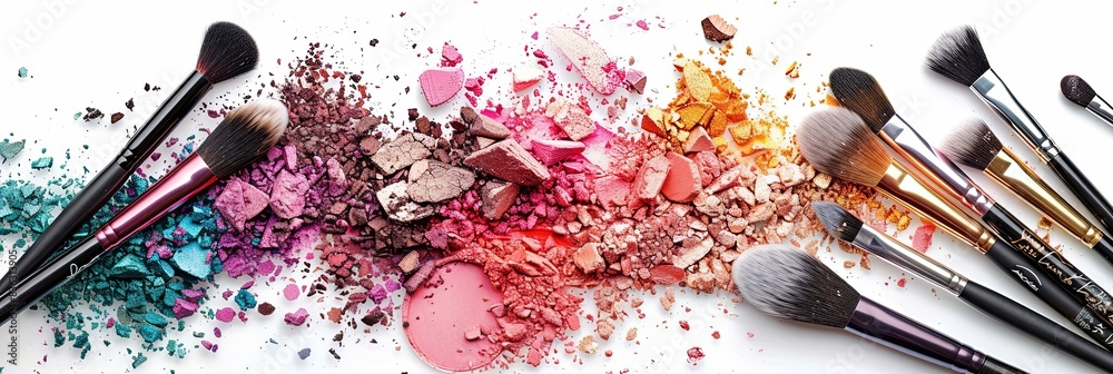 Aufkleber an artistic arrangement of makeup brushes and eyeshadow on a white background. generative ai
