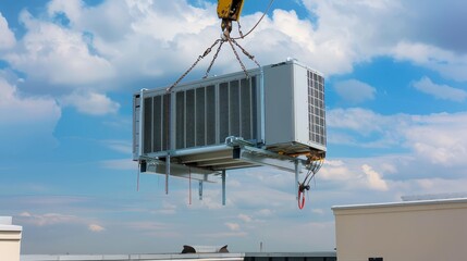 The image shows a large air conditioning unit being lifted by a crane to the top of a building.