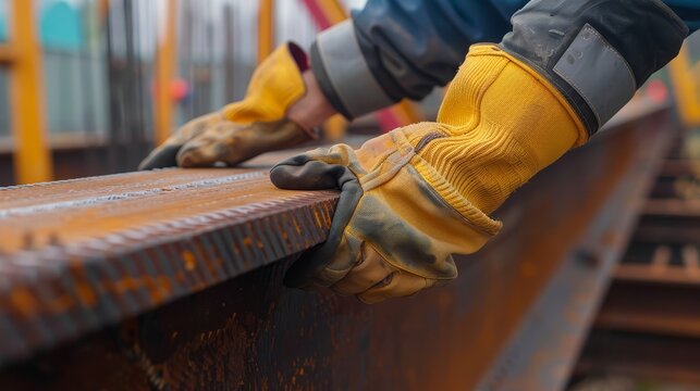 Construction worker wearing protective gloves while working on a metal structure at a construction site.