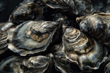 Fresh oysters on a dark background. Top view.
