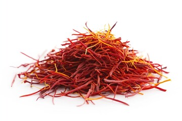 Saffron spice isolated on white background. Macro studio shot.