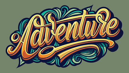 Vibrant text word Adventure with dynamic swirls bold color scheme, perfect for travel-themed projects, posters, branding, and digital designs. Eye-catching, energetic, capturing spirit of exploration