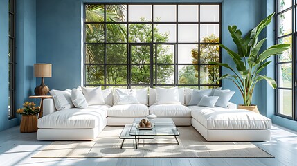 A stylish living room with white and light blue walls, featuring a white sectional sofa and a glass coffee table.