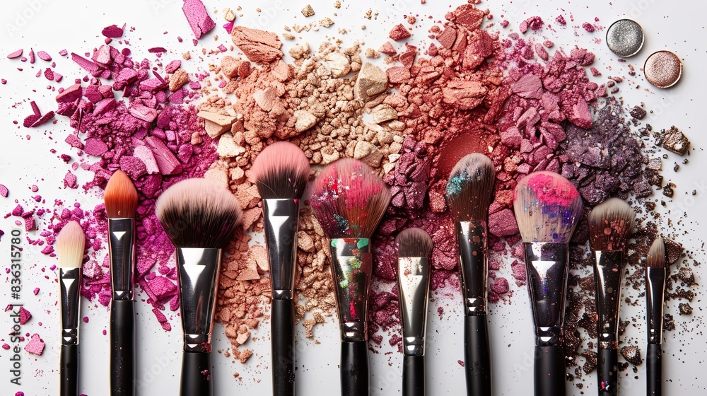 Poster a close-up image of makeup brushes with colorful eyeshadow and blush powder on a white background. g