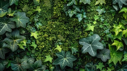 Textured Moss and Ivy Leaves in a Natural Setting Attractive Foliage on a Fresh Wall Background