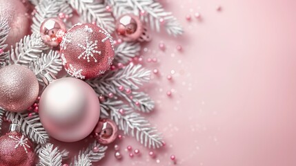 A pink silver background with a bunch of Christmas ornaments