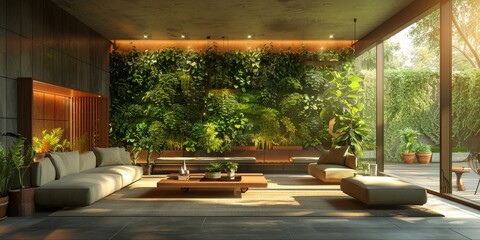 Fototapeta premium Modern living room with large windows, natural light, greenery, and stylish furniture creating a tranquil and inviting atmosphere.