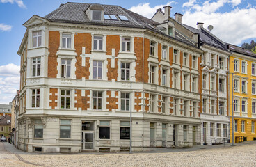 Walking in Bergen streets with many beautiful buildings