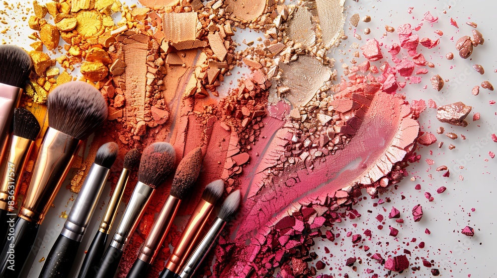 Poster a close-up shot of various makeup brushes with colorful eyeshadow and blush on a white background. g