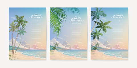 Set of beautiful sandy summer beach and palm trees background for poster, banner, cover, flyer and greeting card. Collection of sea landscape. Vector illustration