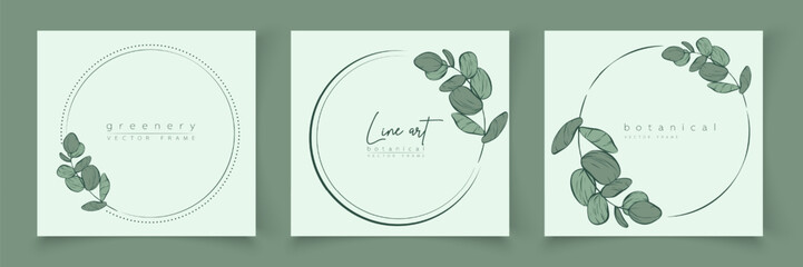 Botanical eucalyptus frame set. Hand drawn round, rectangle, hexagon line border, leaves and flowers for wedding invitation and cards, logo design, social media and posters template. Elegant minimal. © taniKoArt