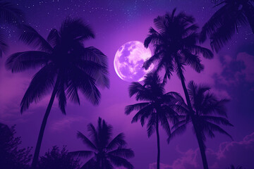 Fototapeta premium a purple background with palm trees and a full moon