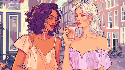 A charming duo of elegant women, two girls or women in a colorful LGBTQ+ festival, Amsterdam, Netherlands, sipping cocktails on the street - one with vibrant curly hair in a vintage formal dress