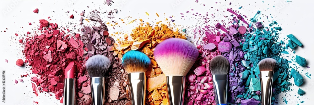 Poster a collection of makeup brushes arranged against a white backdrop, surrounded by broken eyeshadow and