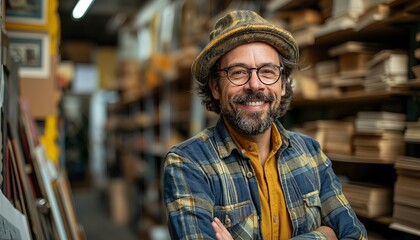 Fototapeta premium Bookstore owner smiling in his shop