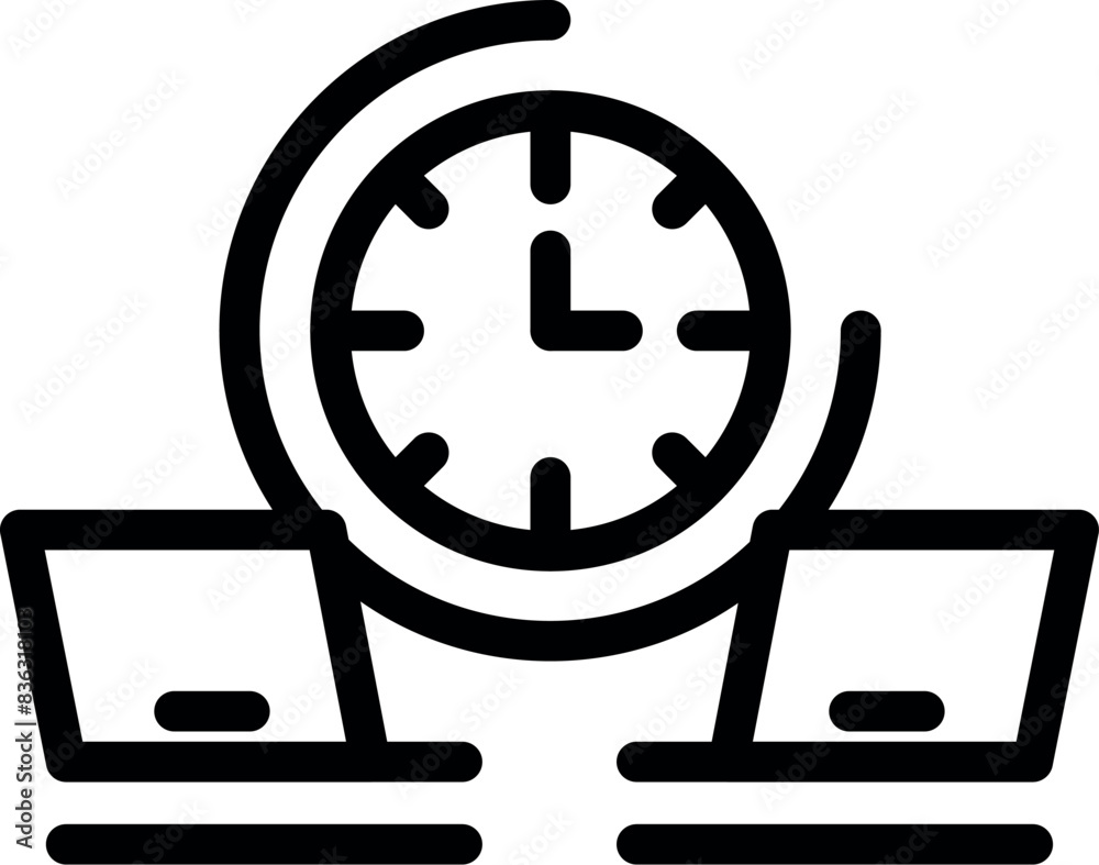 Poster bold line icon symbolizing efficient time use between two laptops