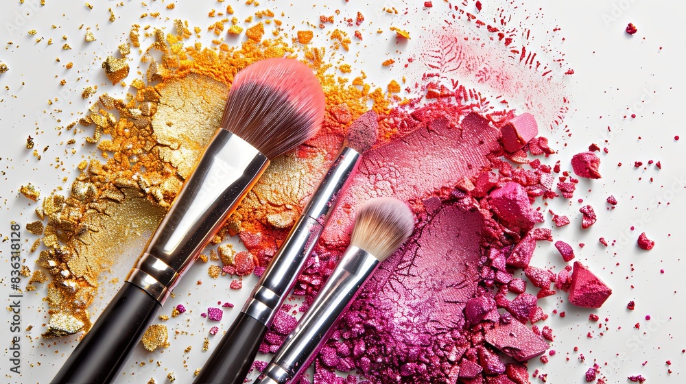 Poster close-up image of makeup brushes covered in colorful eyeshadow and blush. generative ai
