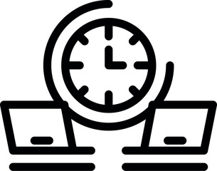 Fototapeta premium Bold line icon symbolizing efficient time use between two laptops