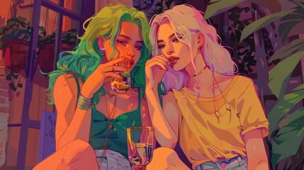 A charming duo of elegant people, two girls or two men on a date in a bustling LGBTQ+ festival, Oslo, Norway, sipping cocktails on the street - one with flowing vibrant hair in a vintage-inspired