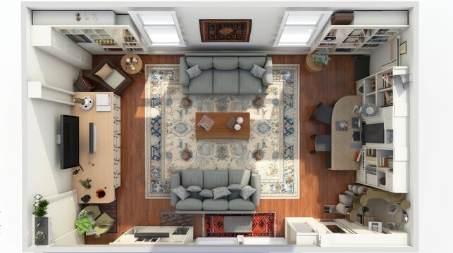 The AI-generated photo shows a top view of a living room